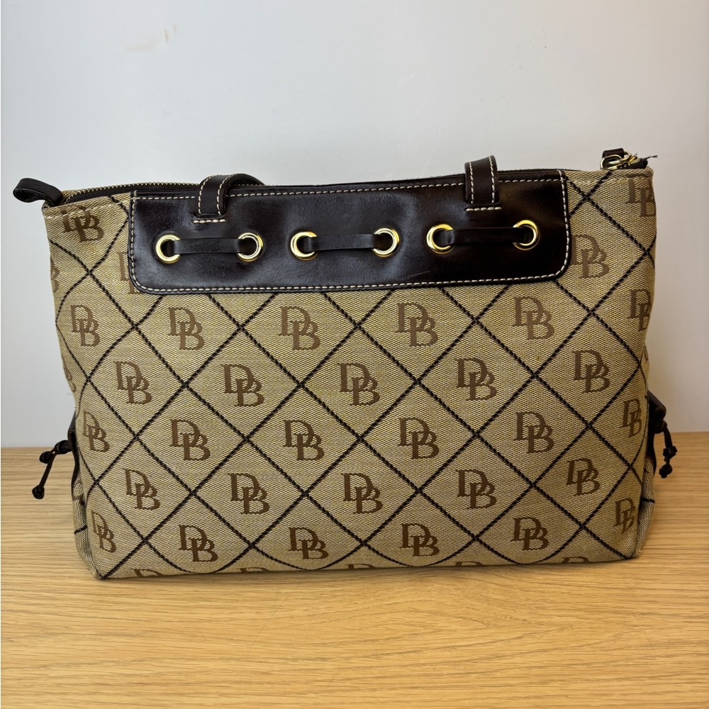 Dooney & Bourke Monogram Canvas Shoulder Bag Brown Leather Trim Tassel Beige - Picture 3 of 16